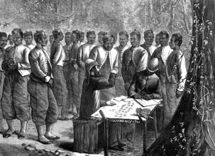 The Ashantee War: paying a West India regiment, from a sketch by our special artist, 1874. Creator: Jenkin.