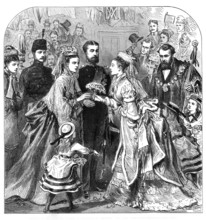 Arrival of the Duke and Duchess of Edinburgh at Gravesend:...presenting a bouquet to the bride, 1874 Creator: Unknown.