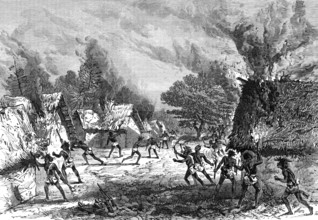 Sketches of the Ashantee War by our special artist: setting fire to a village, 1874. Creator: Unknown.