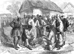 Sketches of the Ashantee War by our special artist: native soldiers playing at "Warry", 1874. Creator: Unknown.