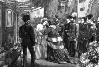 The Queen meeting the Duke and Duchess of Edinburgh at Windsor Railway Station, 1874. Creator: Unknown.