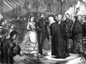 The Recorder of Gravesend presenting the address to the Duke and Duchess of Edinburgh, 1874. Creator: Unknown.