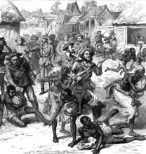 The Ashantee War: the Naval Brigade clearing the streets of Coomassie, by our special artist, 1874. Creator: Unknown.