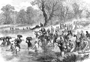 The Ashantee War - the return from Coomassie: crossing a river...sketch by our special artist, 1874. Creator: Unknown.