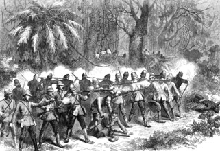 The Ashantee War: the 42nd Highlanders in the front - from a sketch by our special artist, 1874. Creator: Unknown.