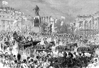 The Royal Entry into London: the procession passing the Guards Memorial, Waterloo-Place, 1874. Creator: Unknown.