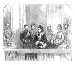 The Queen and Duke and Duchess of Edinburgh at the balcony at Buckingham Palace, 1874. Creator: Unknown.