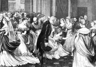 Presentation to the Duchess of Edinburgh at the Court, Buckingham Palace, yesterday week, 1874. Creator: Unknown.