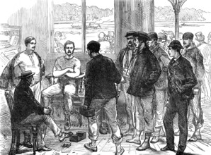 The Universities' Boat-Race on the Thames: weighing the crew, 1874. Creator: Unknown.