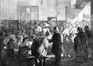 The Distress in Paris: giving soup to the poor at the charity kitchen, rue de Sevres, 1874. Creator: Jenkin.