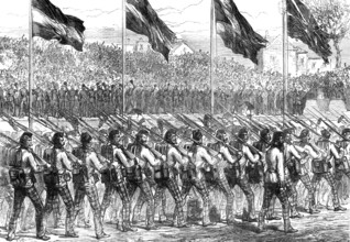 Return of troops from Ashantee: Black Watch (42nd Highlanders) marching to Governor’s Green..., 1874 Creator: Unknown.