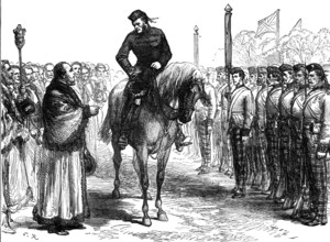 ...troops from the Ashantee War: the Mayor of Portsmouth congratulating the 42nd Highlanders, 1874. Creator: Unknown.