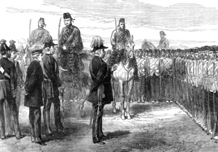 ...troops from the Ashantee War: the Duke of Cambridge addressing the 42nd Highlanders, 1874. Creator: Unknown.