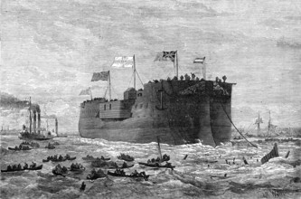 Launch of the German frigate Kaiser at Poplar, 1874. Creator: JR Wells.