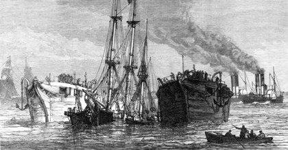 Raising a sunken Indiaman in the Thames, near Gravesend, 1874. Creator: Unknown.