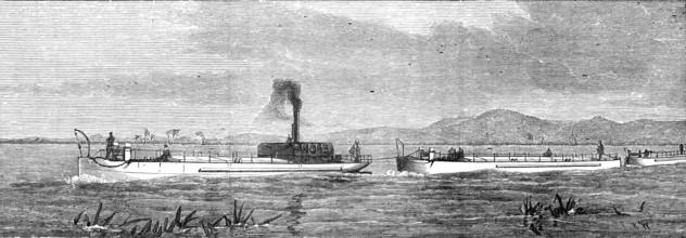 The Indian Famine: steam-tugs and lighters for conveying grain, 1874. Creator: Unknown.