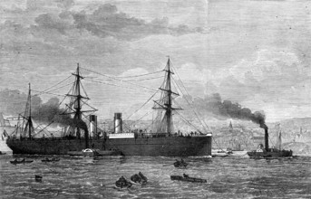 The French Transatlantic Company's steam-ship Amerique towed into Plymouth, 1874. Creator: JR Wells.