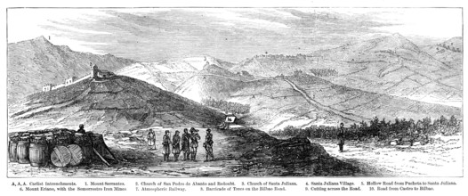 The Civil War in Spain...centre positions of the Carlists: from the advanced post of Pucheta, 1874. Creator: Unknown.