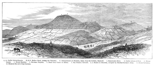 The Civil War in Spain...Monte Montano...Carlist positions: from...above San Lorenzo, 1874. Creator: Unknown.