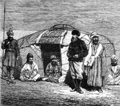 The Mission to Yarkund and Kashgar: travellers' smoking-divan in a Kirghiz tent, 1874. Creator: Unknown.