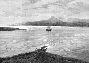 The Ocean Depth Exploring Voyage: H.M.S. Challenger at anchor in Royal Sound, Kerguelen Land, 1874. Creator: Unknown.