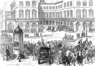 Paris Municipal Guard dispersing the crowd at the St. Lazare Railway Station, 1874. Creator: Unknown.