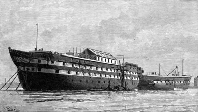 The Smallpox Hulks, Atlas and Endymion, at Deptford Creek, 1881. Creator: Unknown.