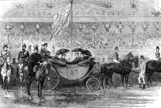 Royal Review of Scottish Volunteers at Edinburgh: The Queen's Carriage at the Saluting Point, 1881. Creator: Unknown.