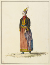 Drawing of an Icelandic woman in her bridal dress, 1772.  Creator: Sir Joseph Banks.