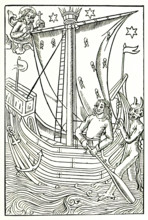 God and Satan vying for the soul of man, who is navigating the ocean of vices, c1490, (1896).  Creator: Unknown.