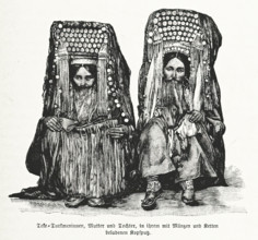 Turkmen mother and daughter, in their headdresses laden with coins and chains, 1892. Creator: Unknown.