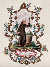 Saint Francis of Assisi, in a rococo frame, holding a Bible and a crucifix. Creator: Unknown.
