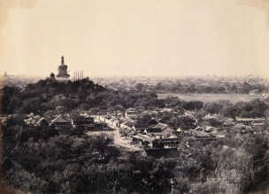 Beijing, China: the Buddhist temple surrounded by gardens and low buildings, during the..., 1860. Creator: Felice Beato.