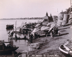 Benares (Varanasi), Uttar Pradesh: people bathing in the river Ganges, c1880s. Creator: Unknown.