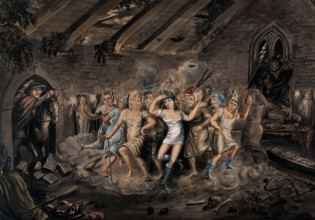 A man on horseback enters a church to discover an orgiastic sabbath. Creator: Unknown.