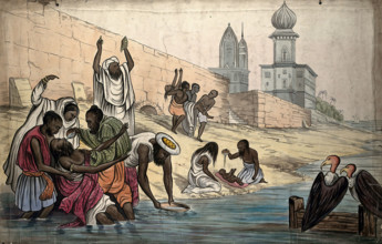 The "death of Hindoos on the banks of the river Ganges", 1860. Creator: The Empire Traveller.