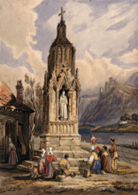 People near a river praying before the figure of a saint on a memorial cross. Creator: Unknown.