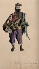 A barefoot man wearing a cloak, hat and beads: he is carrying a stick. Creator: Unknown.