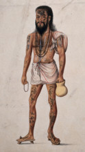 A Hindu ascetic man (sadhu) with beads around his neck is carrying a begging jar and prayer beads. Creator: Unknown.