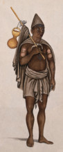 A man in a loincloth is carrying a stick with a cloth and pot. Creator: Unknown.