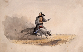 A Chinese soldier bearing a rifle, on horseback, 1857. Creator: Charles Wirgman.