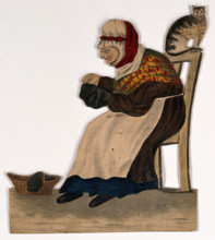 An old woman seated, sewing, with a cat on the back of her chair, 19th century. Creator: Stephen Jenner.