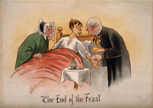 A patient poking out his tongue and having his pulse taken by a physician, c1895. Creator: Martin Anderson.