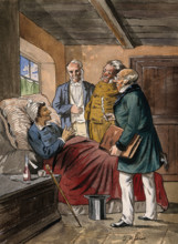 A sick man at home in bed discussing his case with three physicians, c1760s. Creator: Tobias Müller.