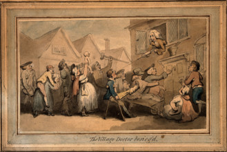 A long queue (line) of angry patients agitating outside the house of a doctor (surgeon..., ([1800?). Creator: Thomas Rowlandson.