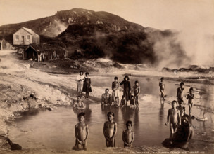 Whakarewrewa, New Zealand: a group of Maori people, thermal baths,..., c1880s. Creator: Unknown.