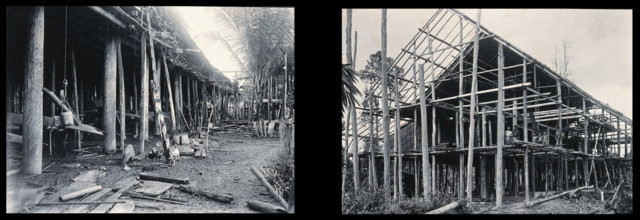Sarawak: the supporting poles of a Kayan tribal house and a Sea Dayak house under construction. Creator: Unknown.