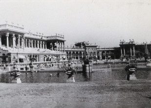 Open air baths in Budapest; two large pools separated by railings,...., c1900s. Creator: Unknown.