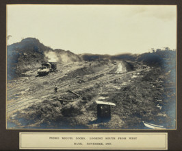 The Pedro Miguel Locks, Panama Canal construction: view of train tracks, looking south from...1907. Creator: Unknown.