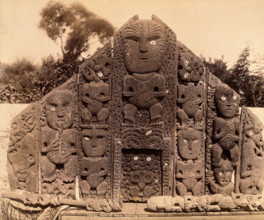 New Zealand: the carved front of a Maori meeting house, between 1800 and 1899. Creator: Unknown.